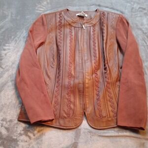 Nygard Collection Petite M‎ Metallic Brown Leather Cut Out Jacket Knit Sleeves